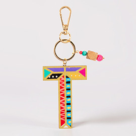 -T- Geometric Patterned Wood Initial Monogram Keychain / Bag Charm