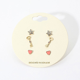 3Pairs - Stone Embellished Star Key Enamel Heart Stud Earrings