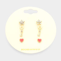 3Pairs - Stone Embellished Star Key Enamel Heart Stud Earrings