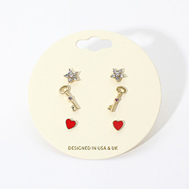 3Pairs - Stone Embellished Star Key Enamel Heart Stud Earrings