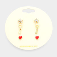 3Pairs - Stone Embellished Star Key Enamel Heart Stud Earrings