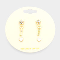 3Pairs - Stone Embellished Star Key Enamel Heart Stud Earrings