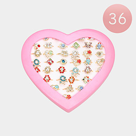 36PCS - Stone Embellished Flower Butterfly Heart Frog Swan Rings