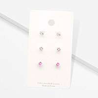 3Pairs - CZ Heart Round Stud Earrings