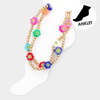 2PCS - Smile Flower Accented Metal Ball Stretch Anklets