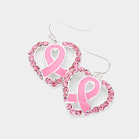 Enamel Pink Ribbon Centered Stone Embellished Open Heart Dangle Earrings