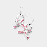 Stone Embellished Double Pink Ribbon Dangle Earrings