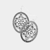 Bead Embellished Antique Metal Oval Dangle Earrings