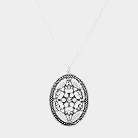 Bead Embellished Antique Metal Oval Pendant Necklace