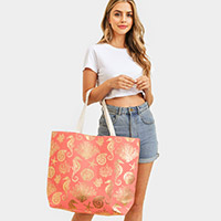 Metallic Sea Life Starfish Seahorse Coral Patterned Beach Tote Bag