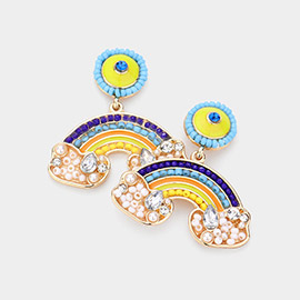 Pearl Seed Bead Embellished Rainbow Dangle Earrings