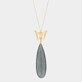 Butterfly Natural Stone Teardrop Link Pendant Long Necklace