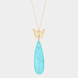 Butterfly Natural Stone Teardrop Link Pendant Long Necklace