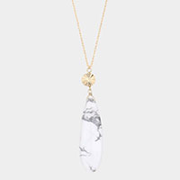 Textured Metal Round Natural Stone Teardrop Link Pendant Long Necklace
