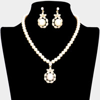 Pearl Centered Rhinestone Embellished Marquise Cluster Necklace