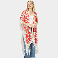 Tropical Leaf Printed Cover Up Kimono Poncho