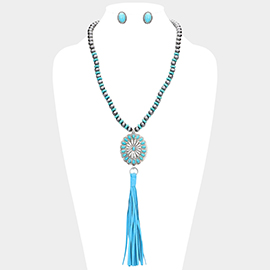 Turquoise Accented Antique Metal Squash Blossom Suede Tassel Link Long Necklace
