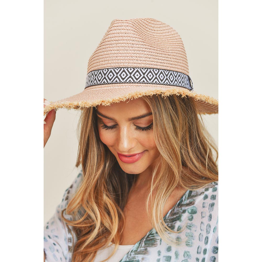 Frayed Trim Aztec Straw Hat
