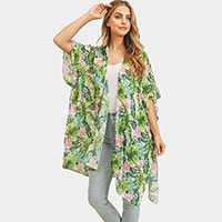 Tropical Leaf Flamingo Printed Cover Up Kimono Poncho