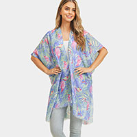Tropical Leaf Flamingo Printed Cover Up Kimono Poncho