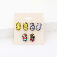 3Pairs - Glittered Hexagon Stud Earrings