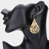 Cut Out Flower Detailed Brass Metal Teardrop Dangle Earrings
