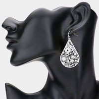 Cut Out Flower Detailed Brass Metal Teardrop Dangle Earrings
