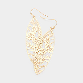 Filigree Flower Leaf Detailed Brass Metal Marquise Dangle Earrings