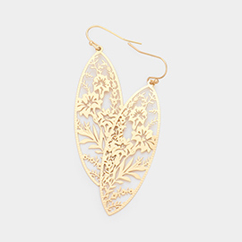 Filigree Flower Leaf Detailed Brass Metal Marquise Dangle Earrings