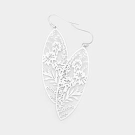 Filigree Flower Leaf Detailed Brass Metal Marquise Dangle Earrings