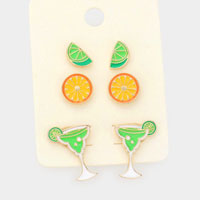 3Pairs - Enamel Lime Orange Cocktail Stud Earrings