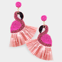 Felt Back Raffia Fringe Beaded Flamingo Dangle Earrings