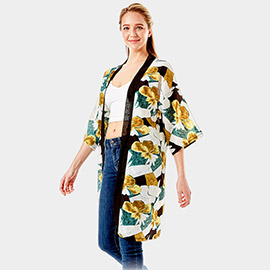 Tropical Printed Half Sleeves Cover Up Kimono Poncho