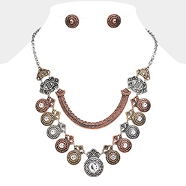 Round Stone Centered Antique Metal Link Bib Necklace