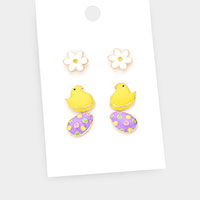 3Pairs - Enamel Daisy Flower Chick Easter Egg Stud Earrings