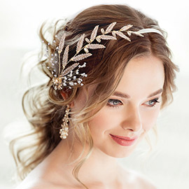 Pearl Rhinestone Leaf Cluster Vine Bun Wrap Headpiece / Necklace