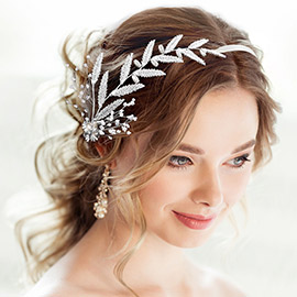 Pearl Rhinestone Leaf Cluster Vine Bun Wrap Headpiece / Necklace