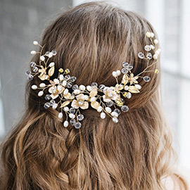 Pearl Flower Leaf Cluster Vine Bun Wrap Headpiece / Necklace