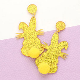 Glittered Resin Easter Bunny Pom Pom Tail Dangle Earrings