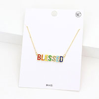 BLESSED Brass Metal Enamel Message Pendant Necklace