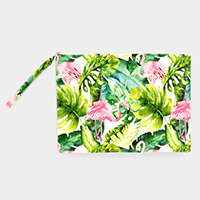 Flamingo Tropical Leaf Patterned Pouch Clutch Bag
