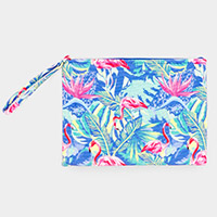 Flamingo Tropical Leaf Patterned Pouch Clutch Bag