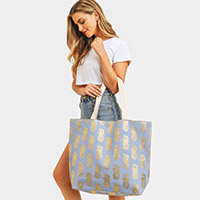 Metallic Pineapple Patterned Beach Tote Bag