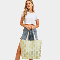 Metallic Pineapple Patterned Beach Tote Bag