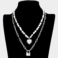 Metal Heart Rhinestone love Message Lock Pendant Double Layered Pearl Necklace