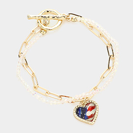 American USA Flag Heart Charm Double Layered Toggle Bracelet