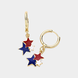 American USA Flag Triple Star Dangle Huggie Earrings