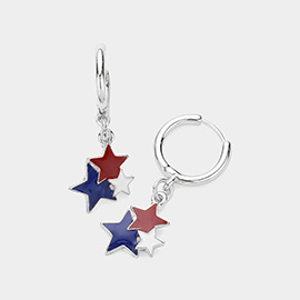 American USA Flag Triple Star Dangle Huggie Earrings