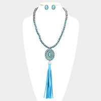Natural Stone Squash Blossom Suede Tassel Long Necklace