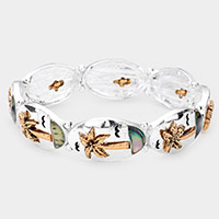 Palm Tree Abalone Accented Metal Oval Stretch Bracelet